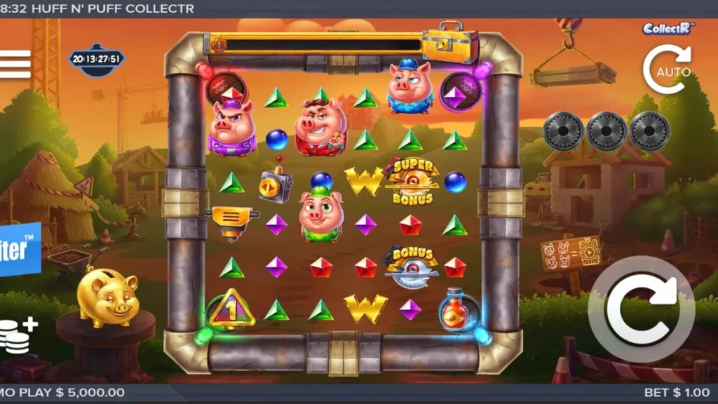 Tampilan visual slot Huff n Puff CollectR dengan tema babi dan serigala.
