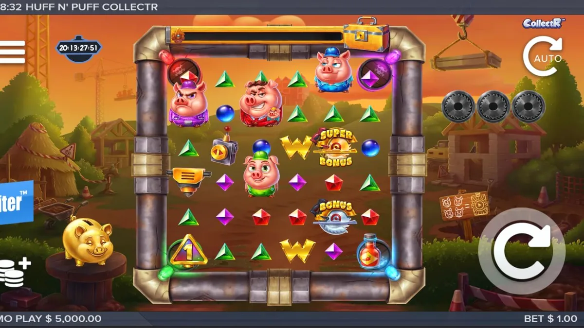 Tampilan visual slot Huff n Puff CollectR dengan tema babi dan serigala.