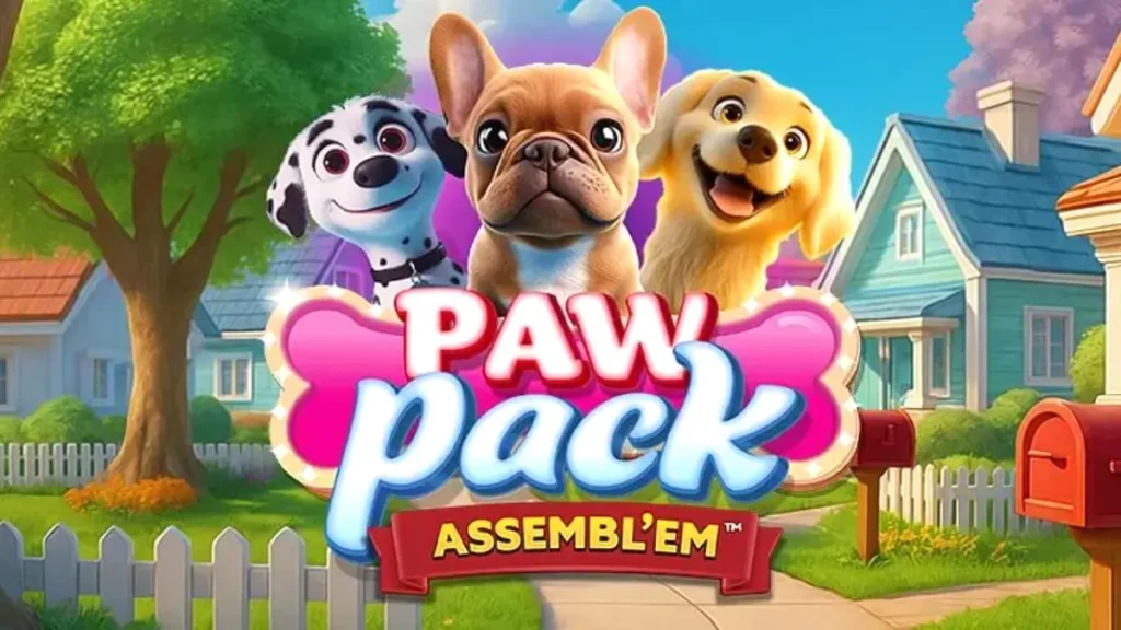 Tampilan visual slot Paw Pack Assembl’Em dengan karakter anjing kartun