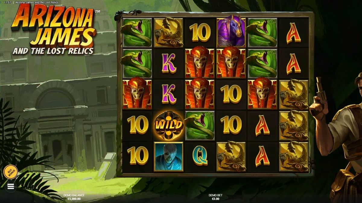 Arizona James and the Lost Relics slot game interface showcasing the desert temple theme